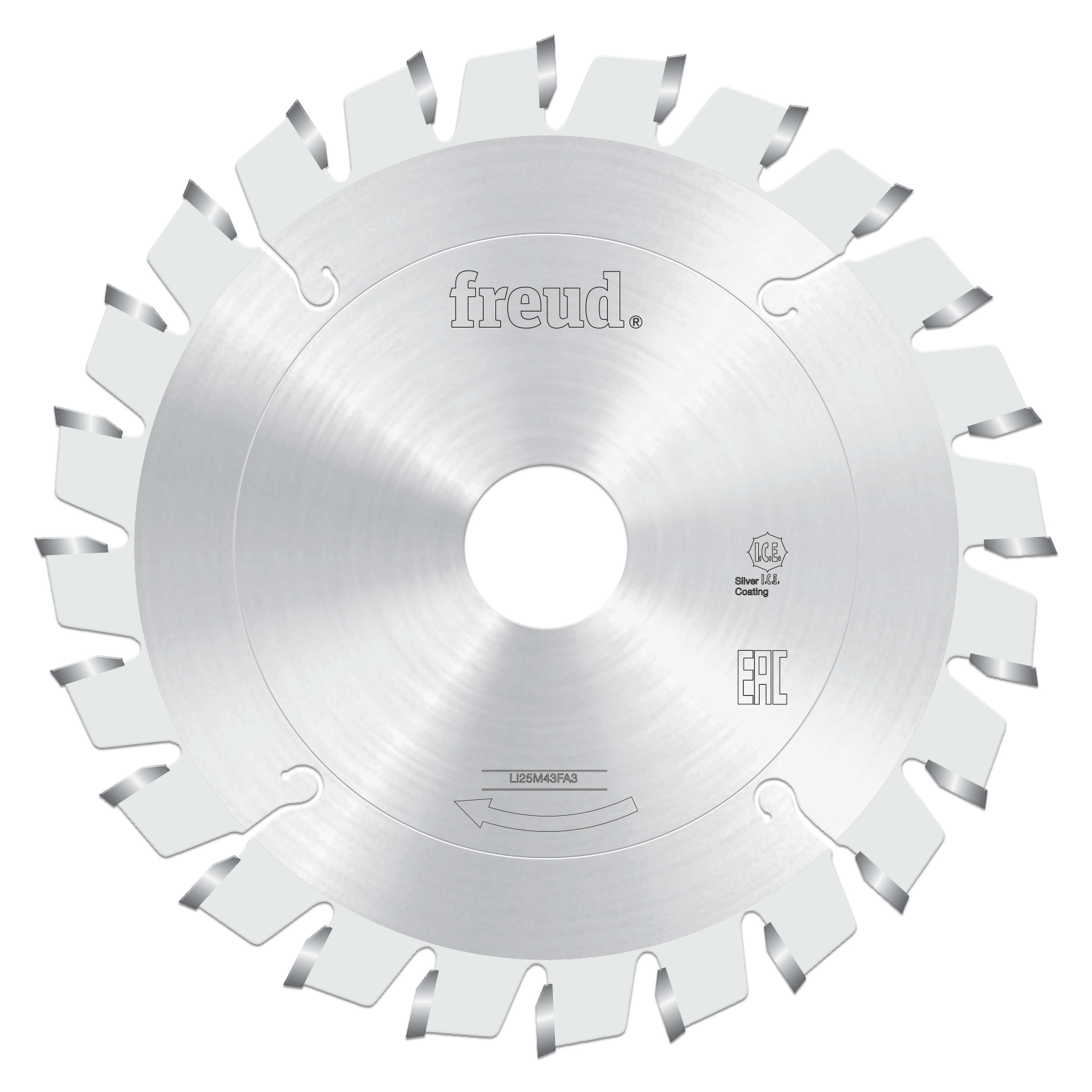 Freud circular saw blade with conical scoring teeth, 125mm diameter, silver coating, center bore visible.