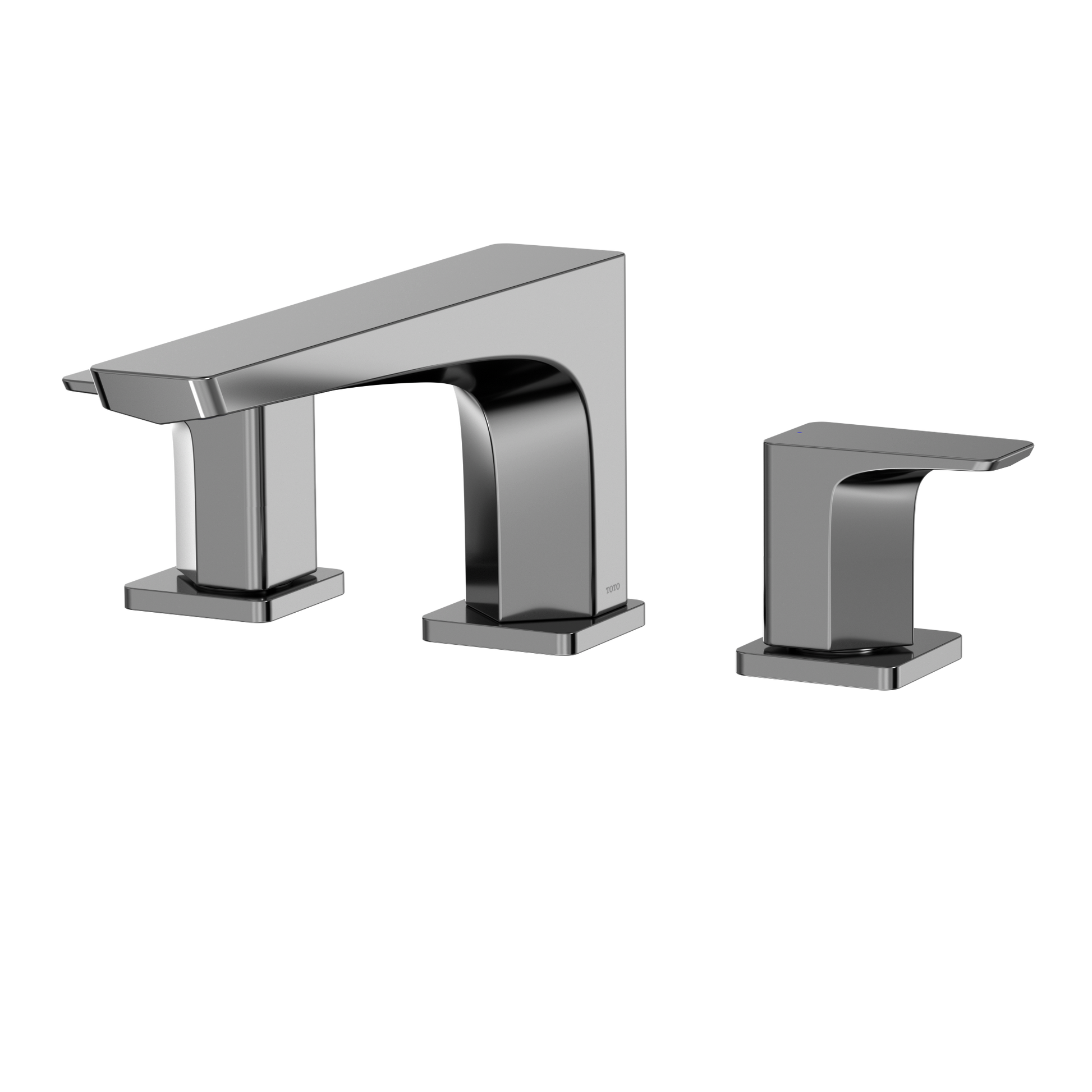 Polished chrome two-handle roman tub filler with curved spout and matching side handles mounted on square bases.
