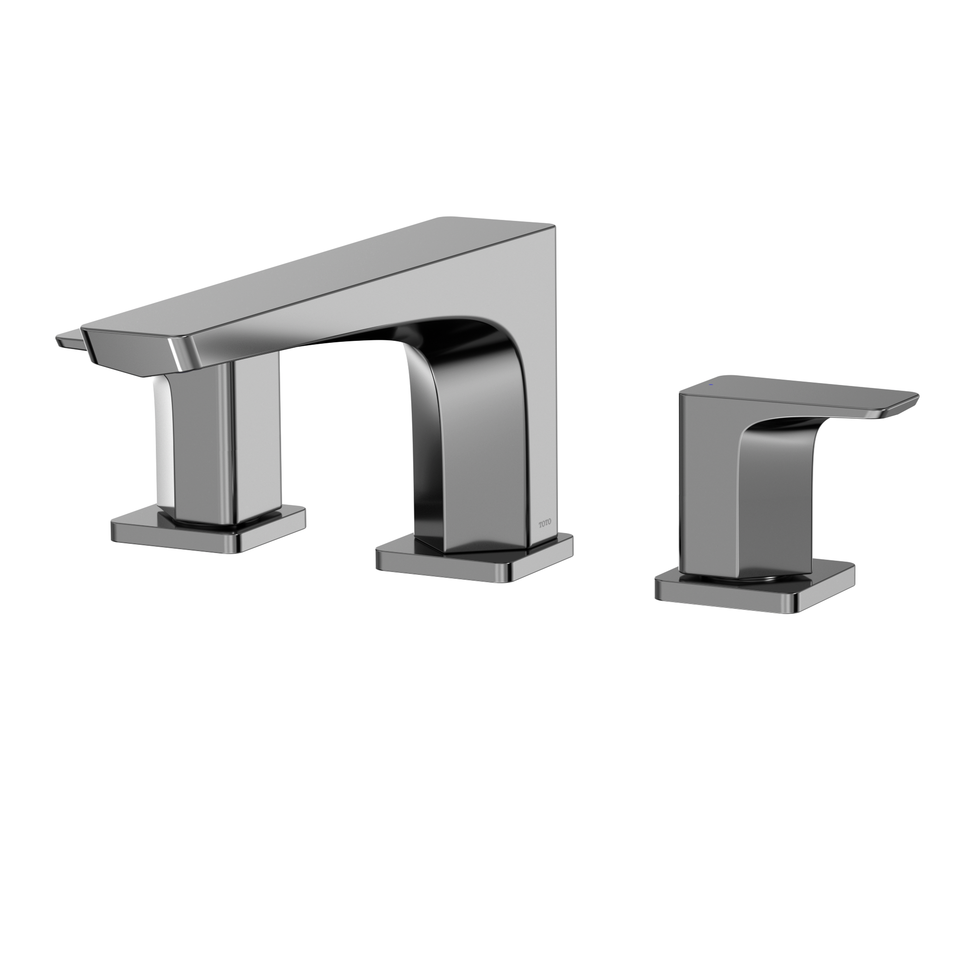 Polished chrome two-handle roman tub filler with curved spout and matching side handles mounted on square bases.