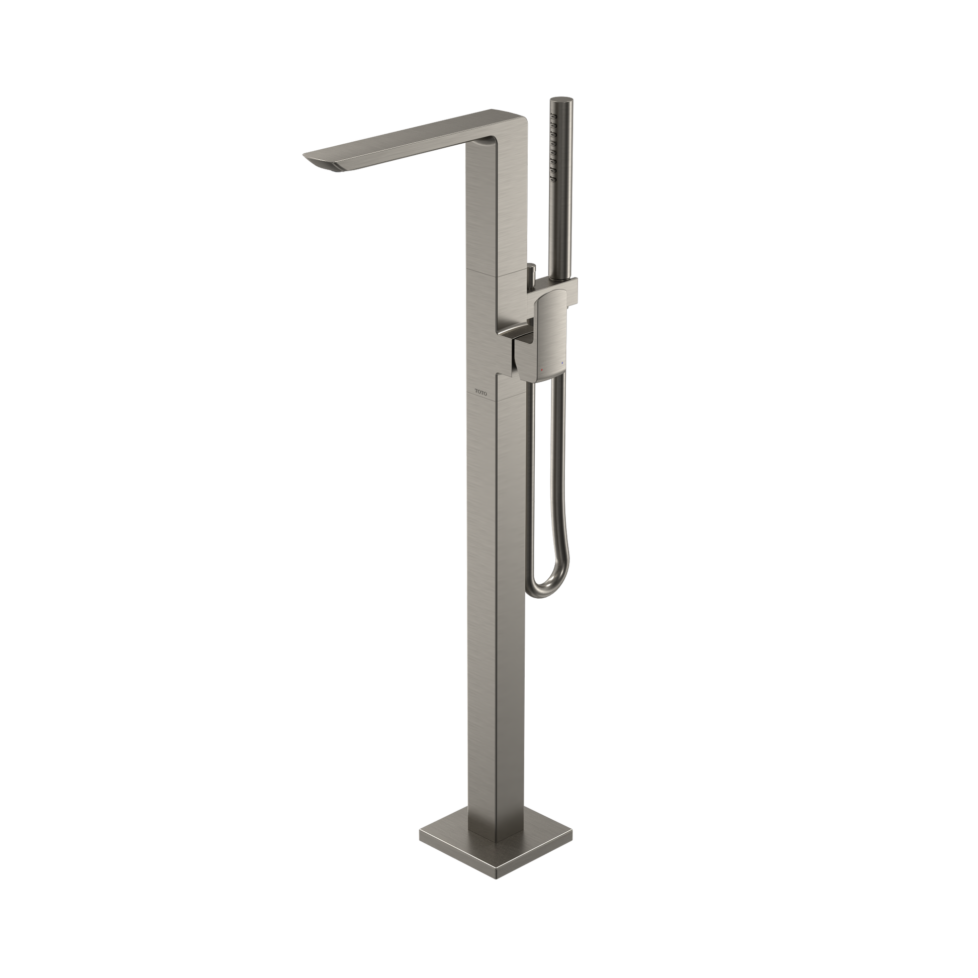 Brushed nickel freestanding tub filler faucet with single handle and detachable handshower on cord.
