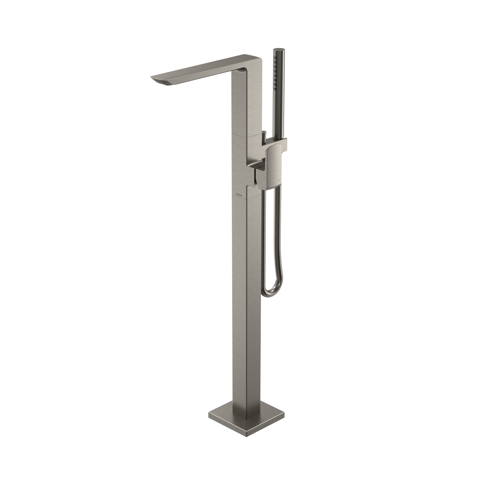 Brushed nickel freestanding tub filler faucet with single handle and detachable handshower on cord.
