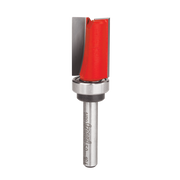Red and gray router bit with top-mounted ball bearing and straight cutting edge on metal shank.