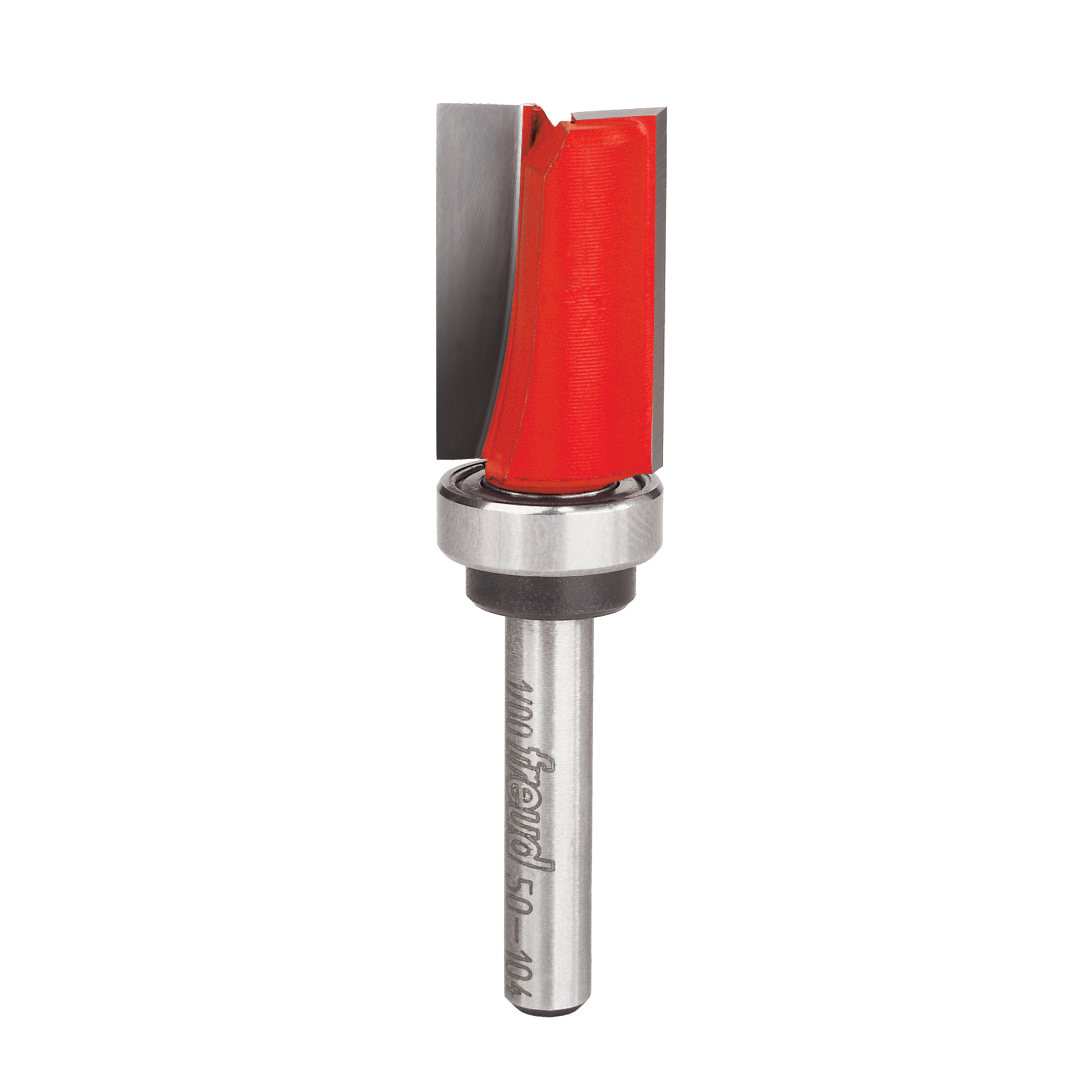 Red and gray router bit with top-mounted ball bearing and straight cutting edge on metal shank.