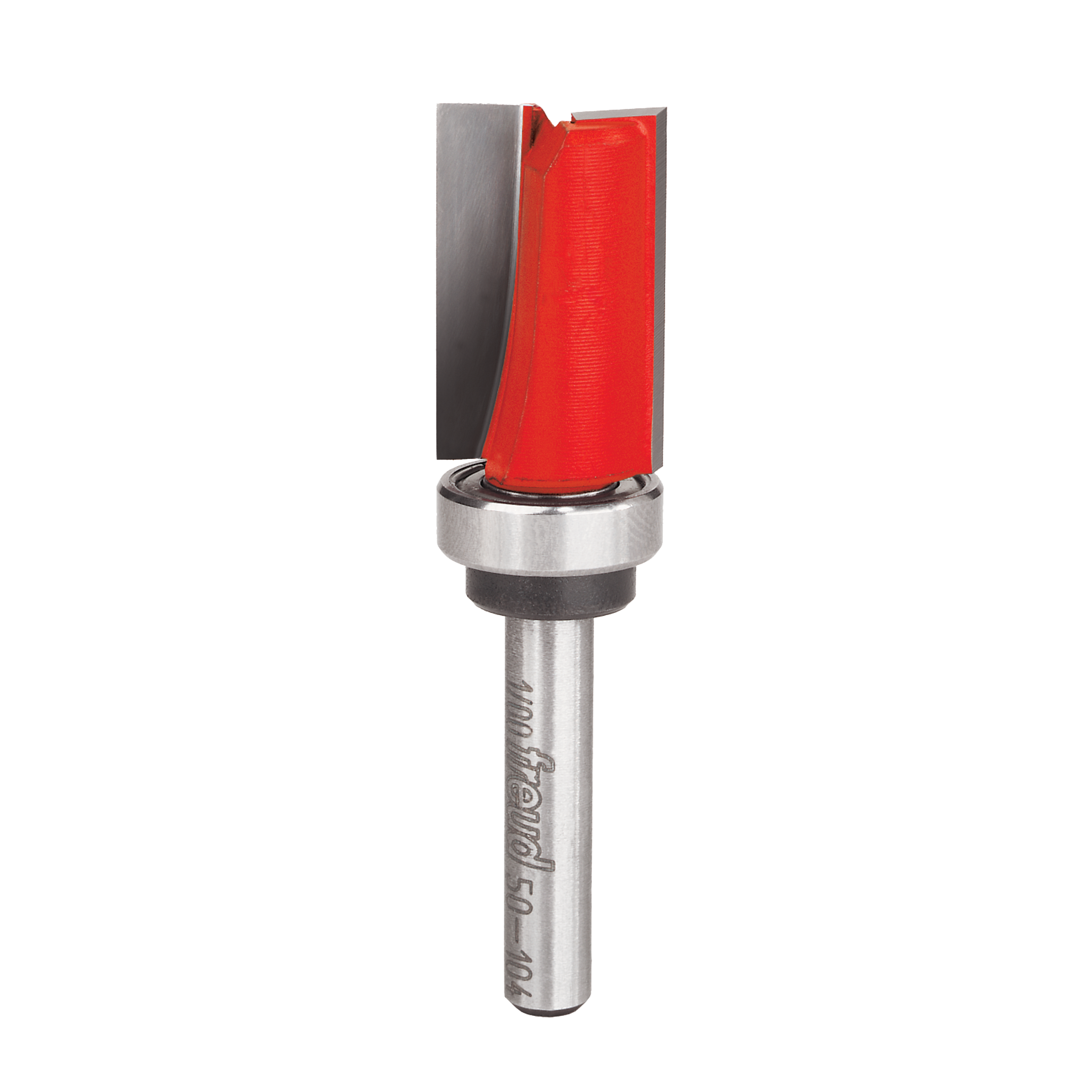 Red and gray router bit with top-mounted ball bearing and straight cutting edge on metal shank.