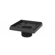 Matte black square drain throat with center opening and threaded connector base.