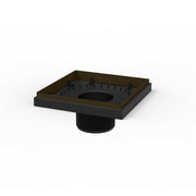 Square oil rubbed bronze drain with center opening and threaded black connector base.