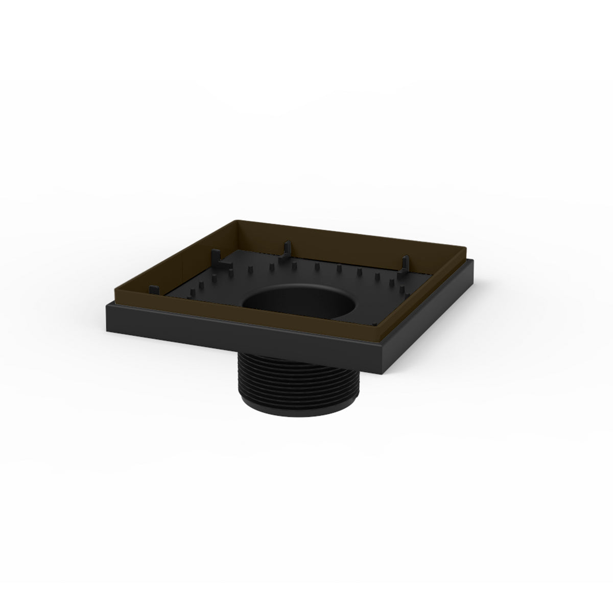 Square oil rubbed bronze drain with center opening and threaded black connector base.