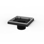 Square stainless steel floor drain with polished finish, center outlet, and black threaded connector base.
