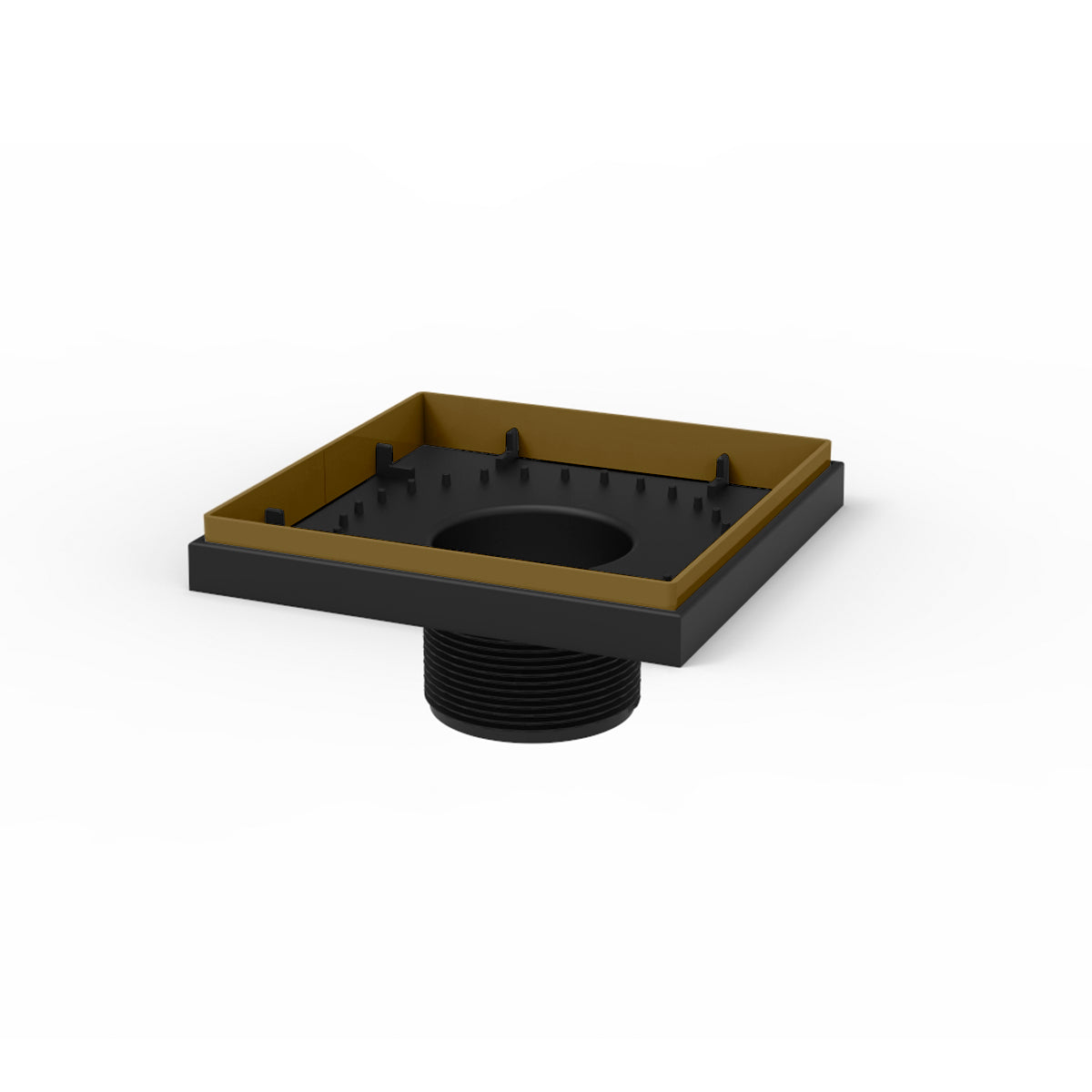Square satin bronze center drain with black threaded outlet and gold-trimmed surround frame.