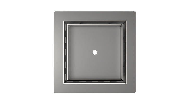 Square polished stainless steel drain cover with centered drain hole and double border frame design.