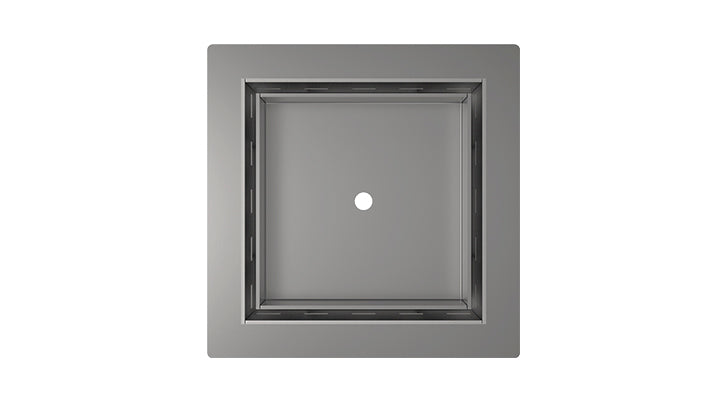 Square satin stainless steel drain cover with centered circular opening, 5 x 5 inches.