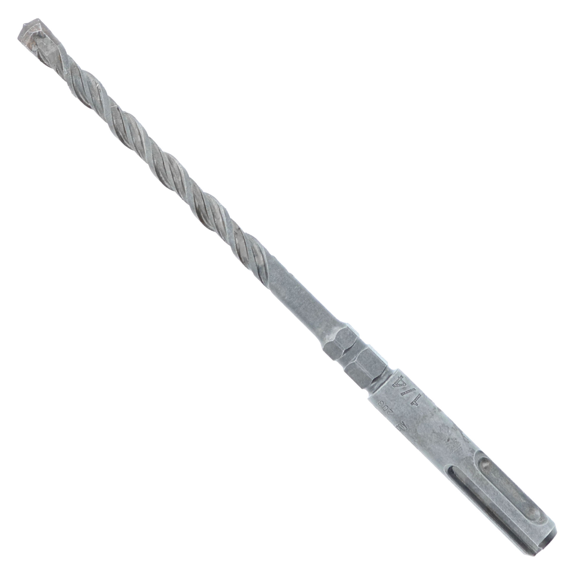 SDS-Plus concrete hammer drill bit with twisted flutes and carbide head, 1/4 inch diameter.