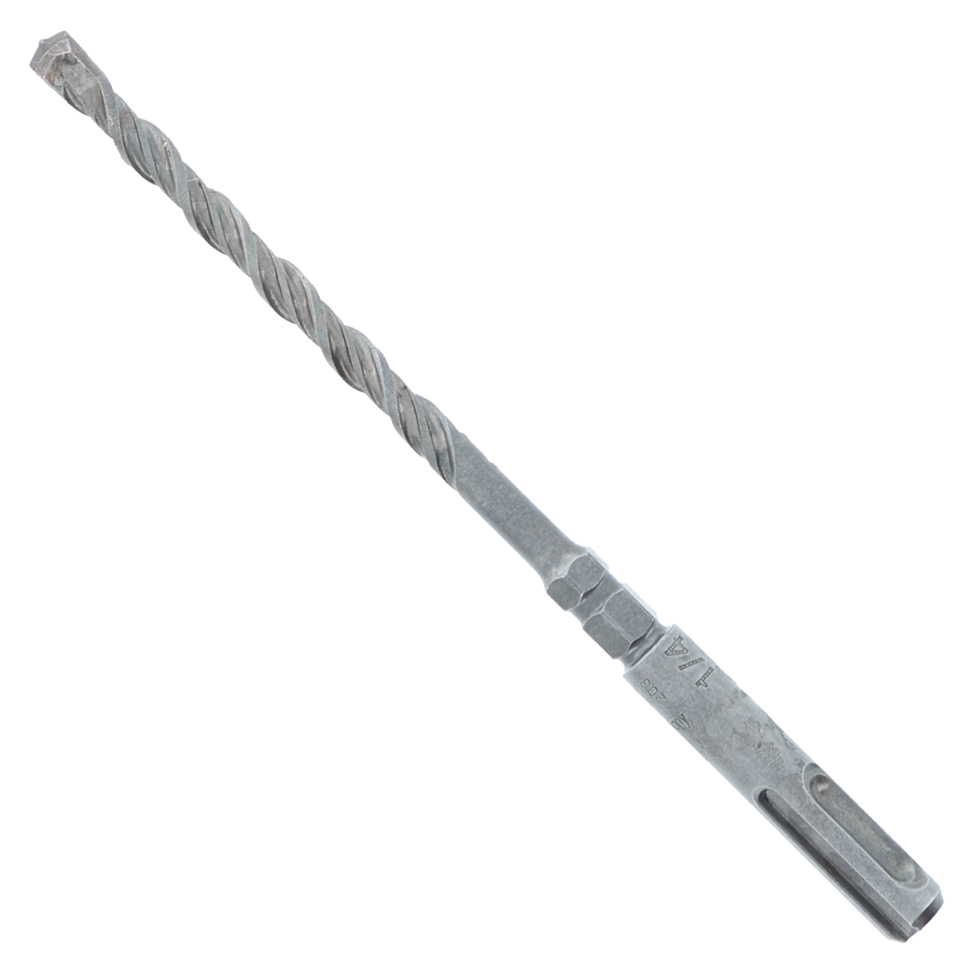 SDS-Plus concrete hammer drill bit with twisted flutes and carbide head, 1/4 inch diameter.