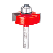 Freud rabbeting bit with red cutting head, silver metal shaft, and bearing collar on white background.