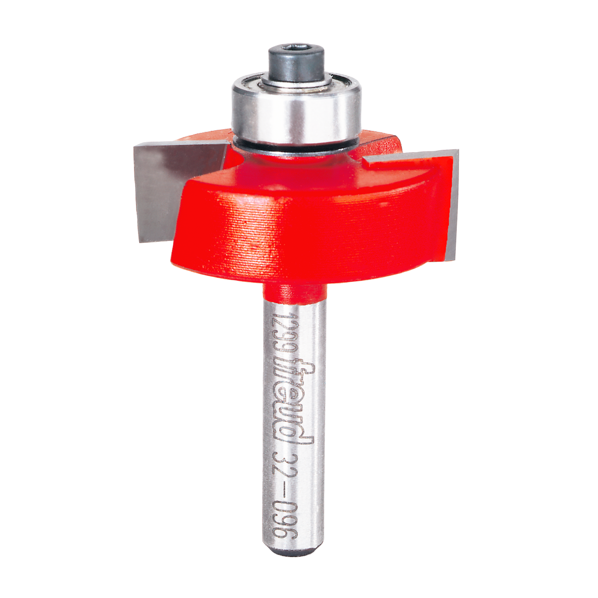 Freud rabbeting bit with red cutting head, silver metal shaft, and bearing collar on white background.
