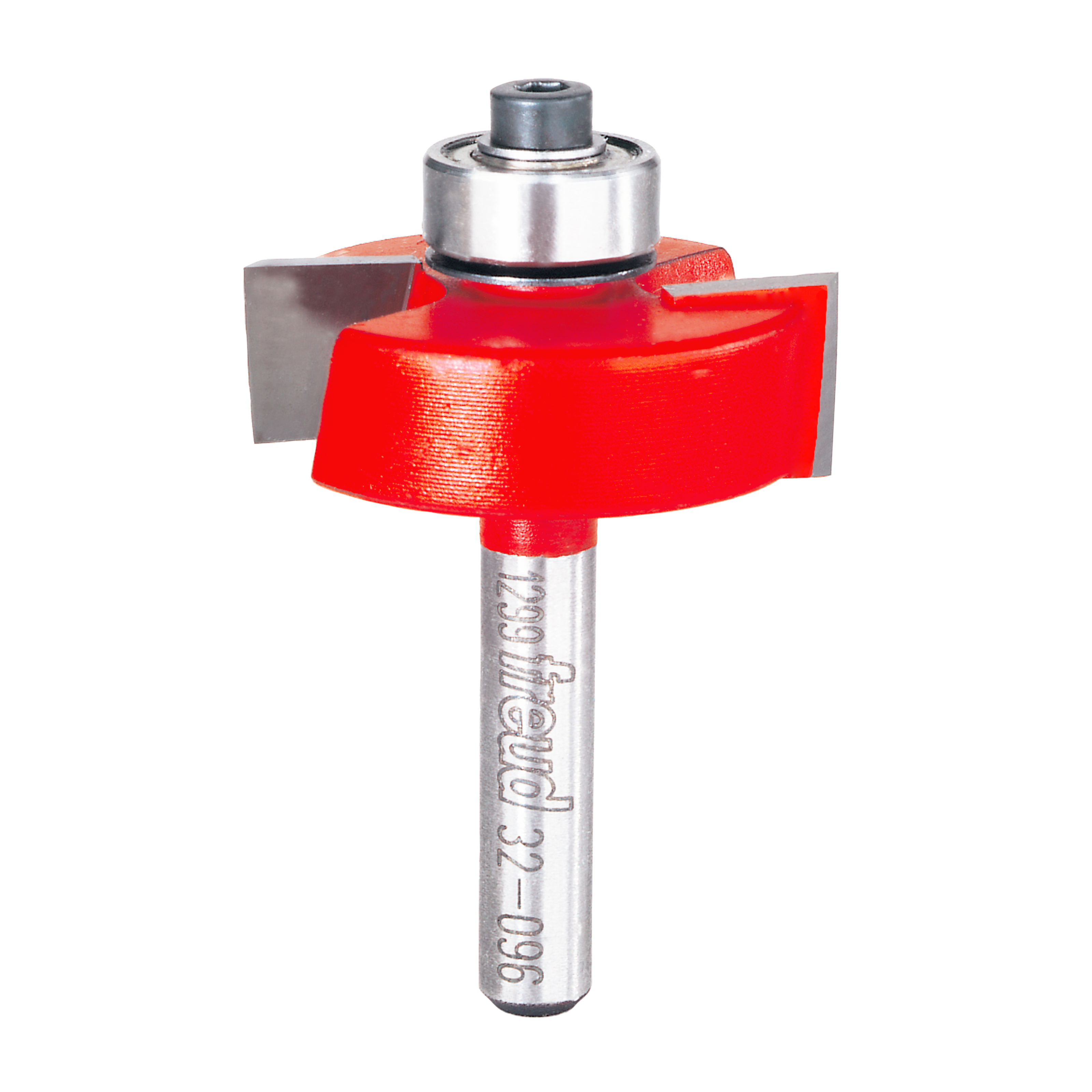 Freud rabbeting bit with red cutting head, silver metal shaft, and bearing collar on white background.