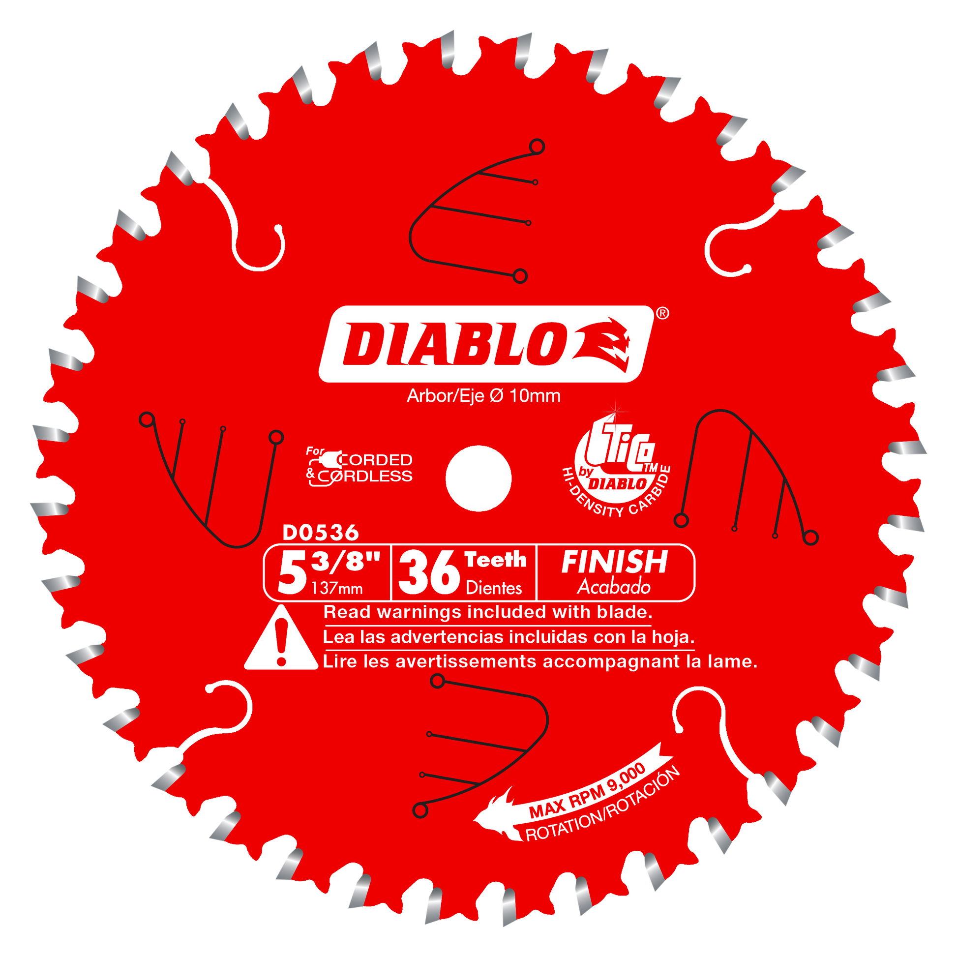 Red circular saw blade with 36 silver-tipped teeth, Diablo branding, and 10mm arbor hole.