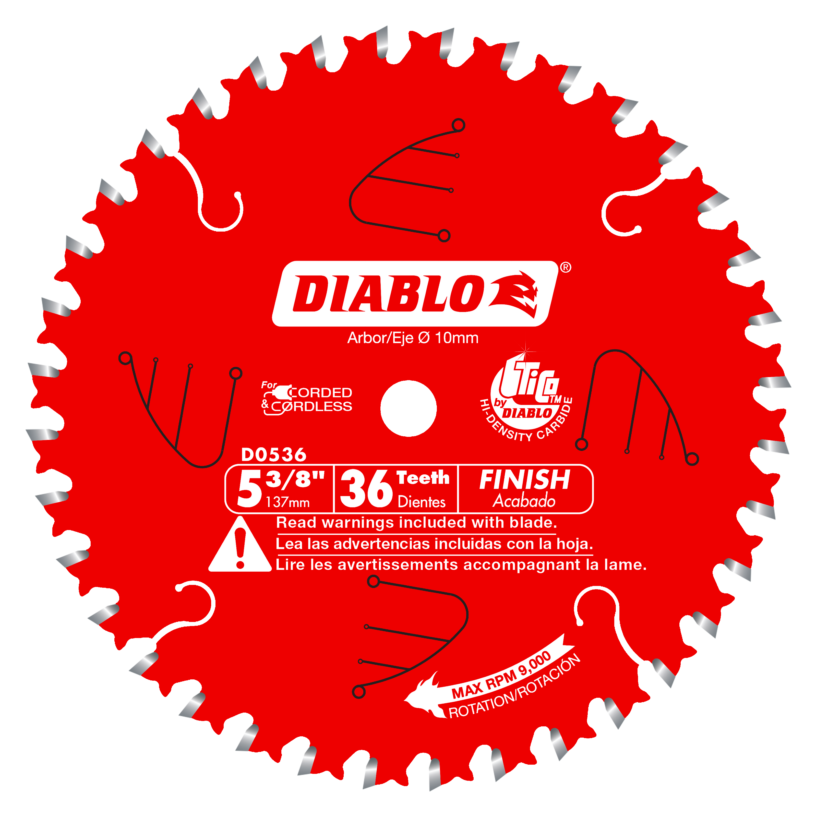 Red circular saw blade with 36 silver-tipped teeth, Diablo branding, and 10mm arbor hole.