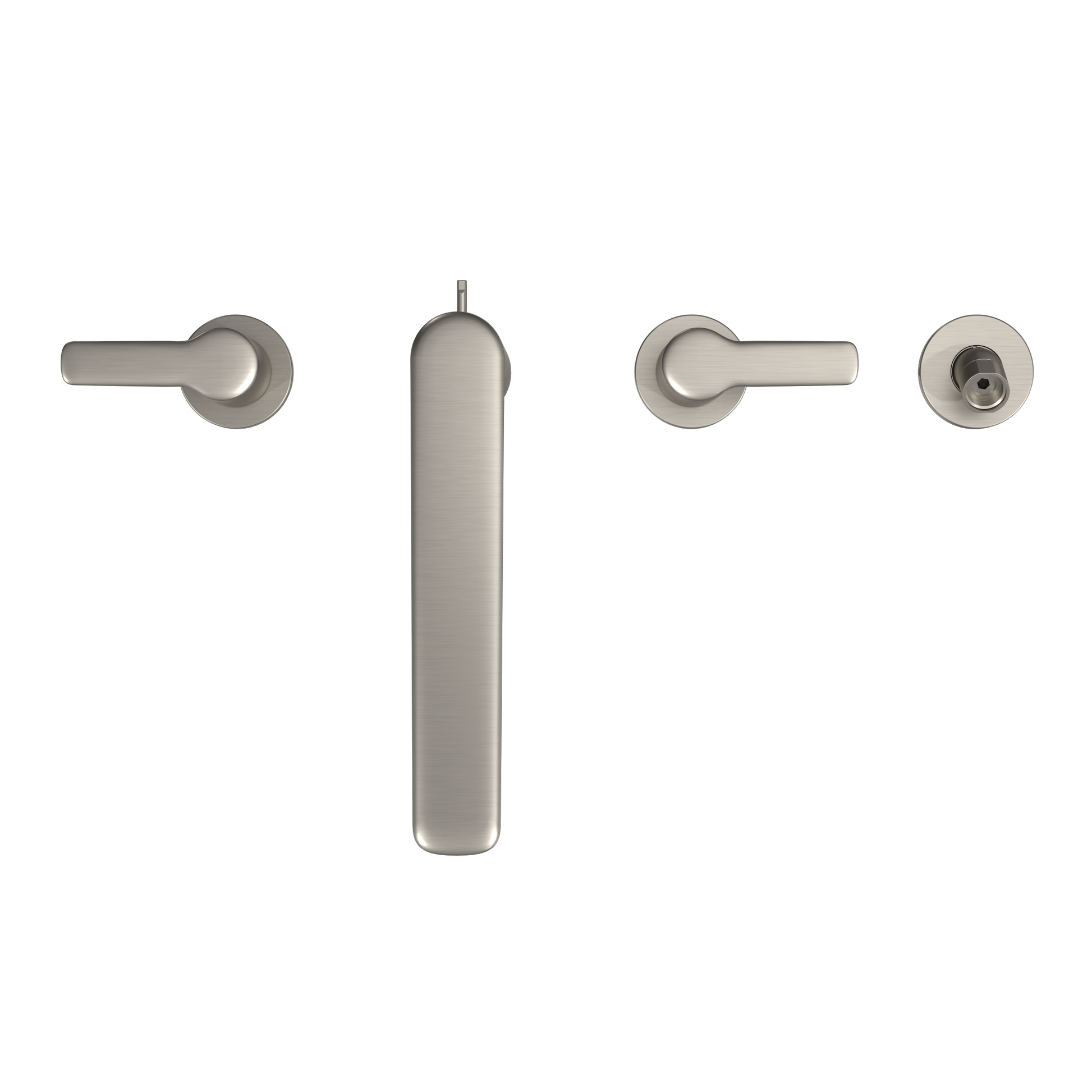 Brushed nickel four-hole roman tub filler trim with two lever handles, vertical spout, and handshower outlet.
