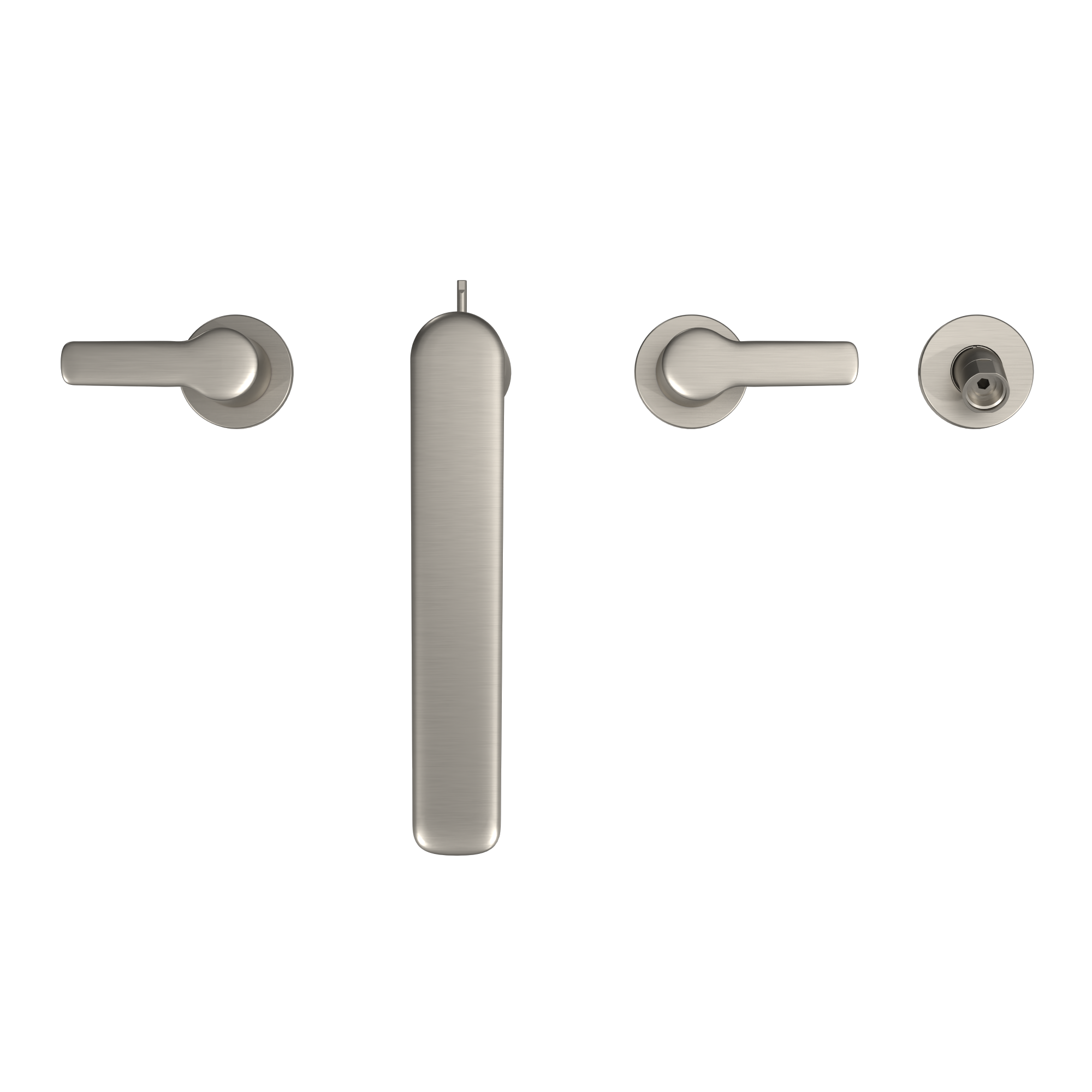 Brushed nickel four-hole roman tub filler trim with two lever handles, vertical spout, and handshower outlet.