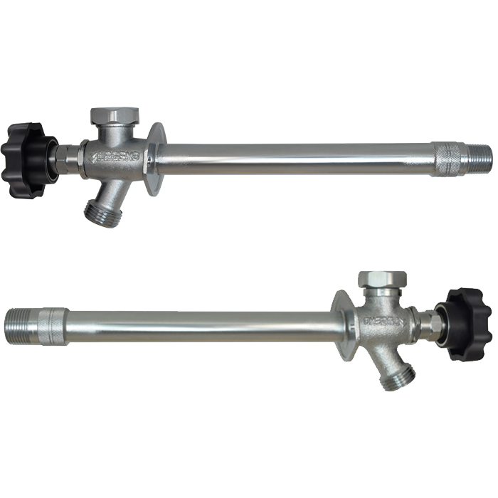 Brass frost-free sillcock with 1/2 inch connection and black valve handle shown in two views.