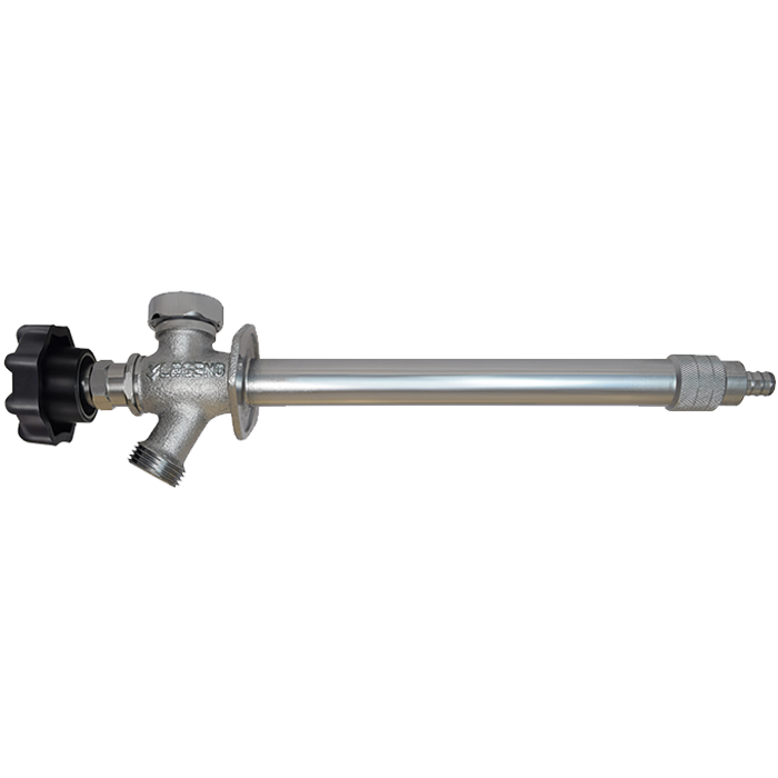 Frost free sillcock with metal body, black handle valve on left, and PEX connection port on right side.