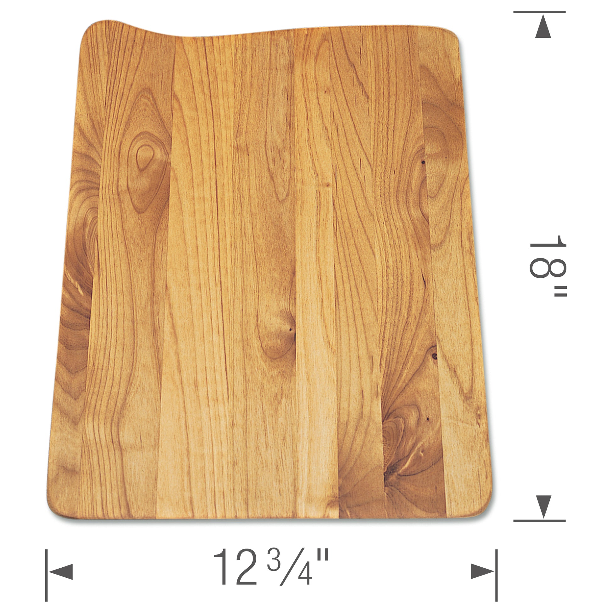 Rectangular wood cutting board with rounded corners and natural grain pattern, measuring 12 3/4" wide by 18" tall.