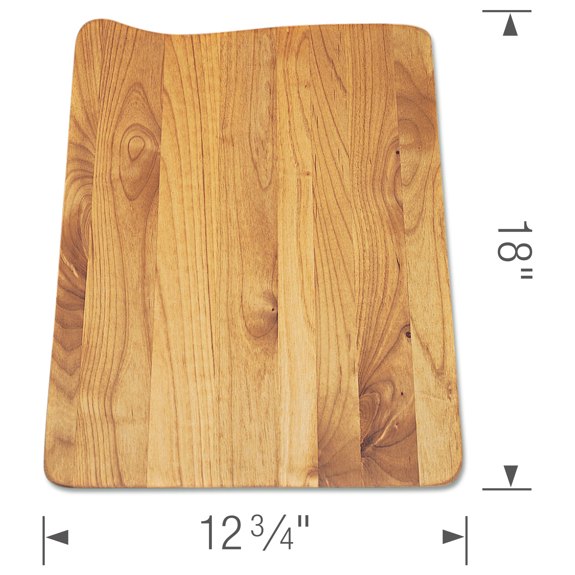 Rectangular wood cutting board with rounded corners and natural grain pattern, measuring 12 3/4" wide by 18" tall.