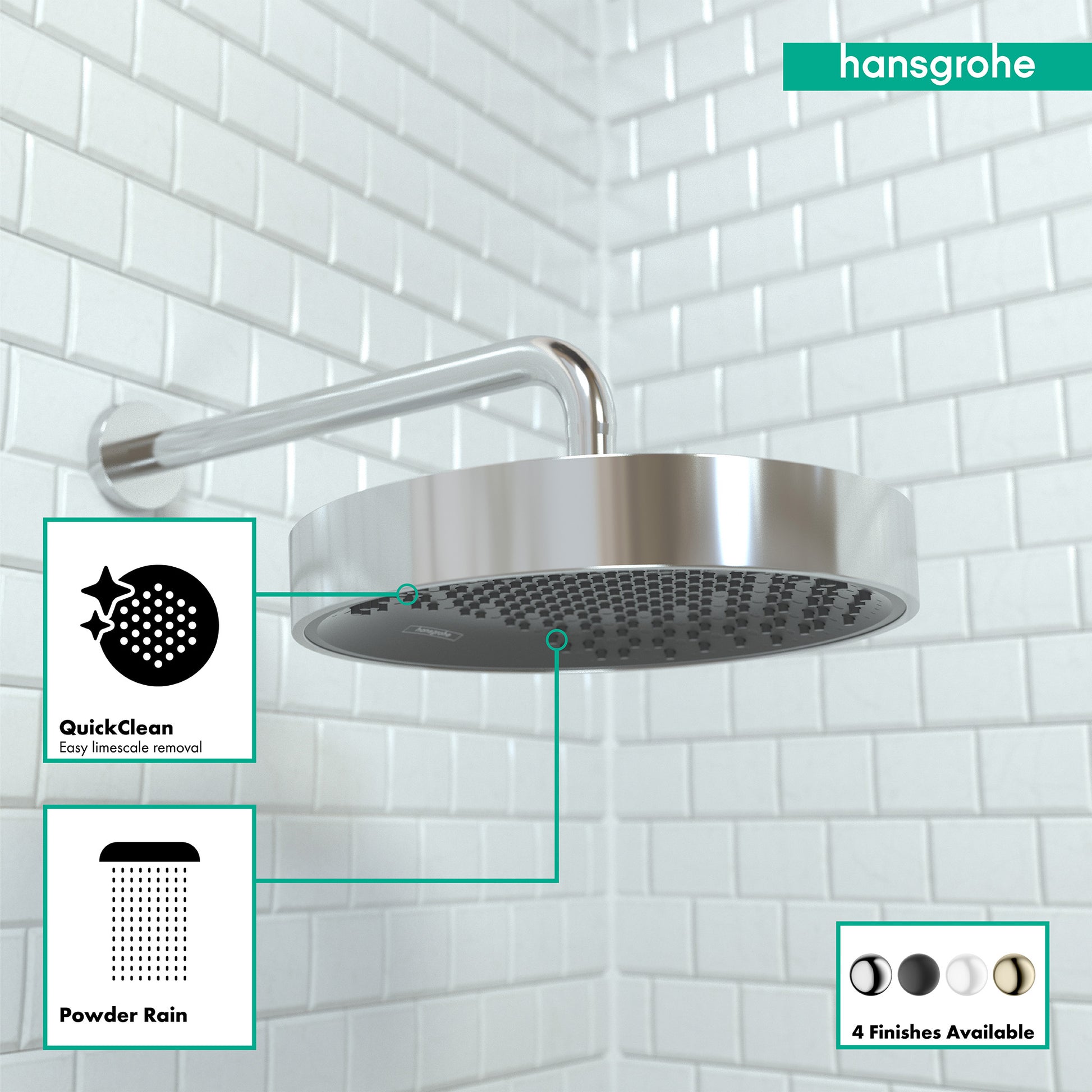 Chrome rainfall showerhead with round face, curved arm mount, and perforated spray pattern against white subway tile.