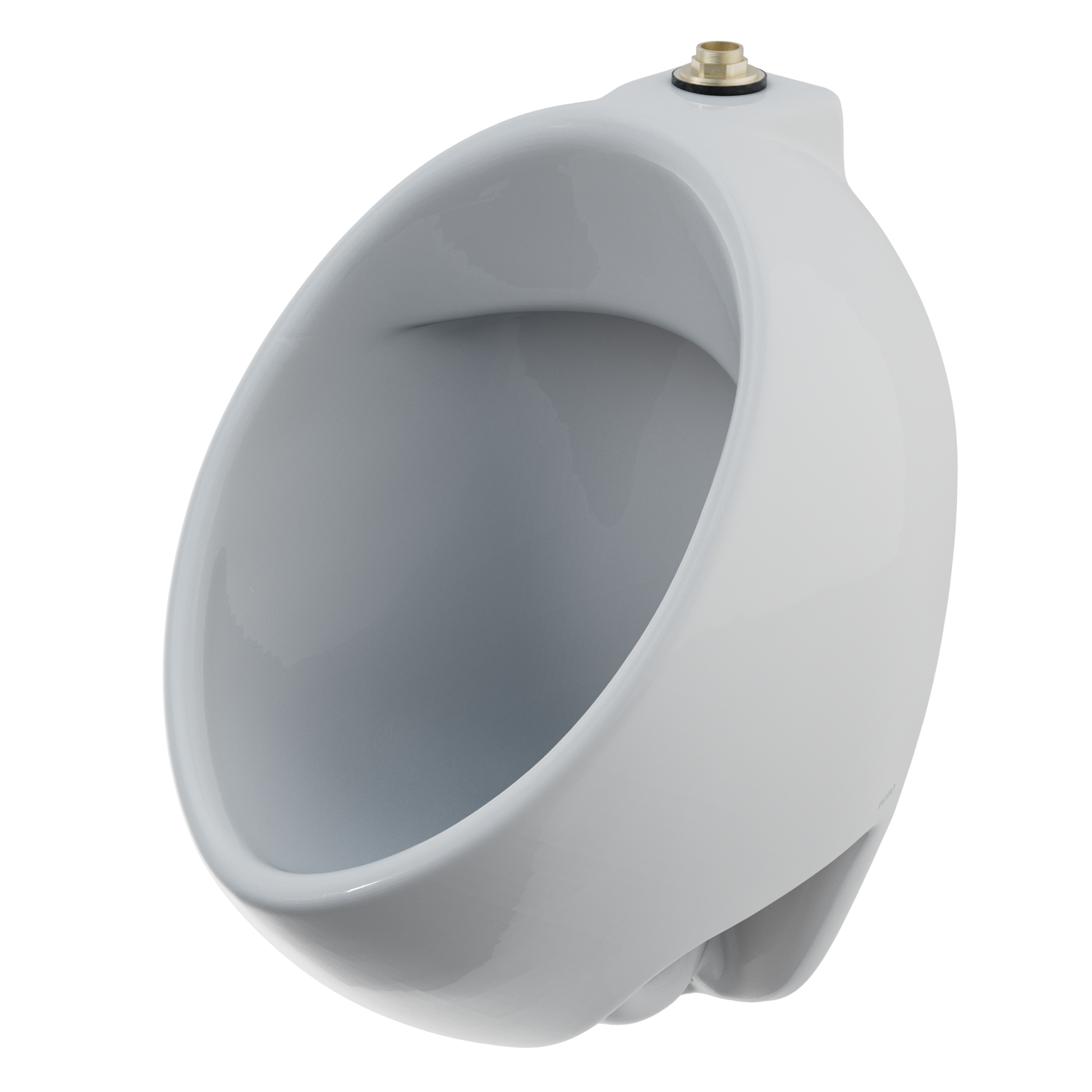 White ceramic wall-mount urinal with curved basin and brass top inlet fitting.