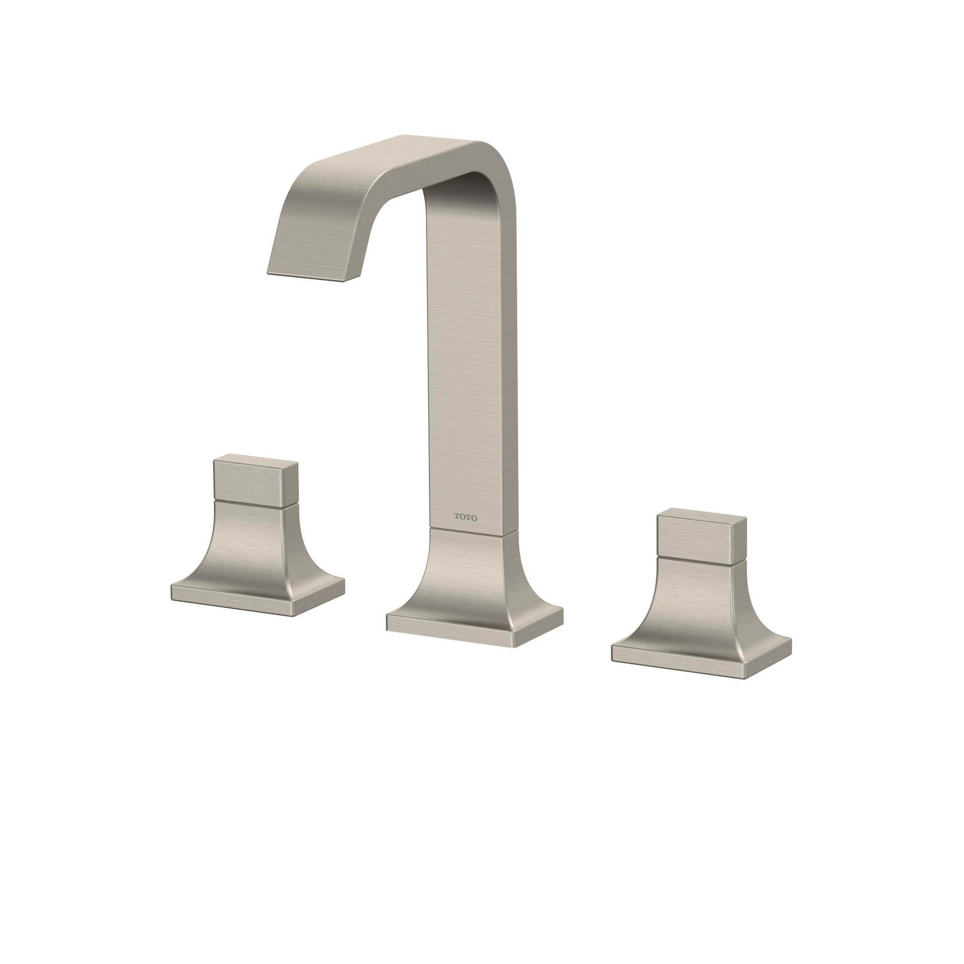 Brushed nickel two-handle widespread bathroom sink faucet with curved spout and square base handles.