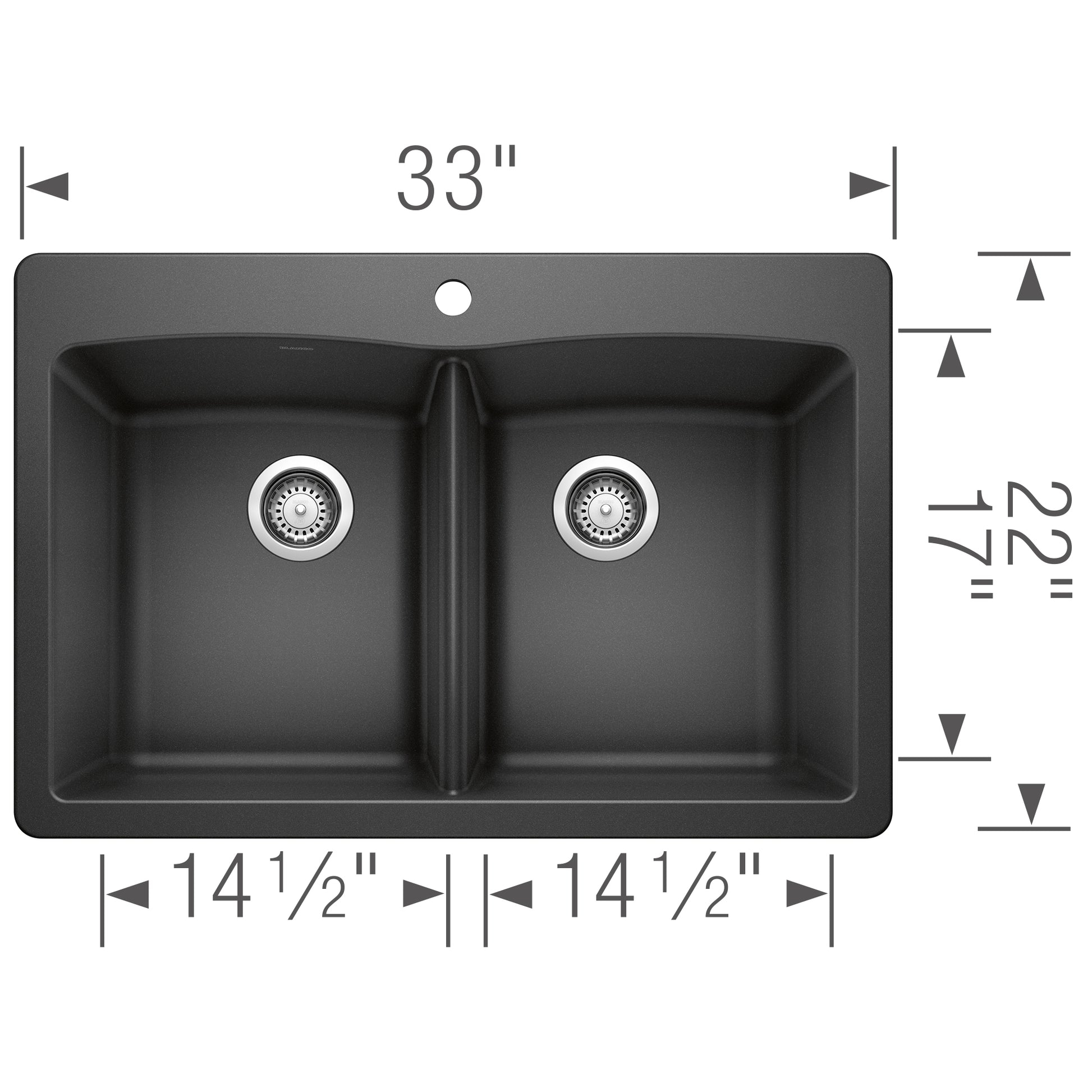 Anthracite double bowl drop-in kitchen sink with two equal basins, drain fixtures, and dimension measurements.