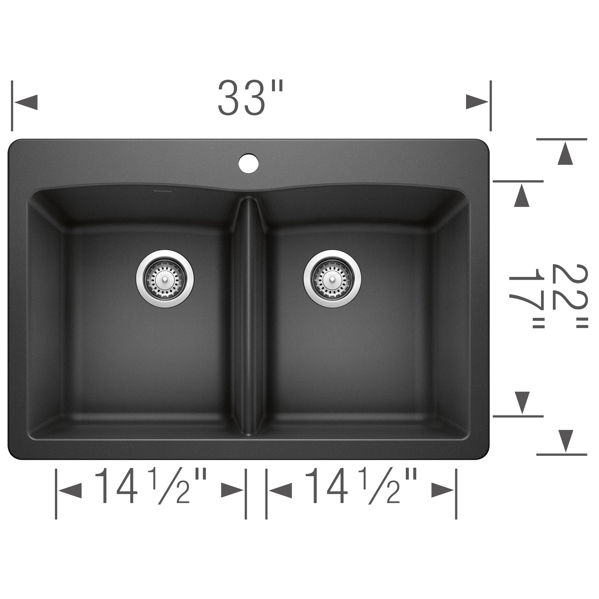 Anthracite double bowl drop-in kitchen sink with two equal basins, drain fixtures, and dimension measurements.