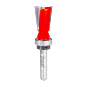 Freud dovetail router bit with red cutting head, metal shank, and black collar on silver shaft.