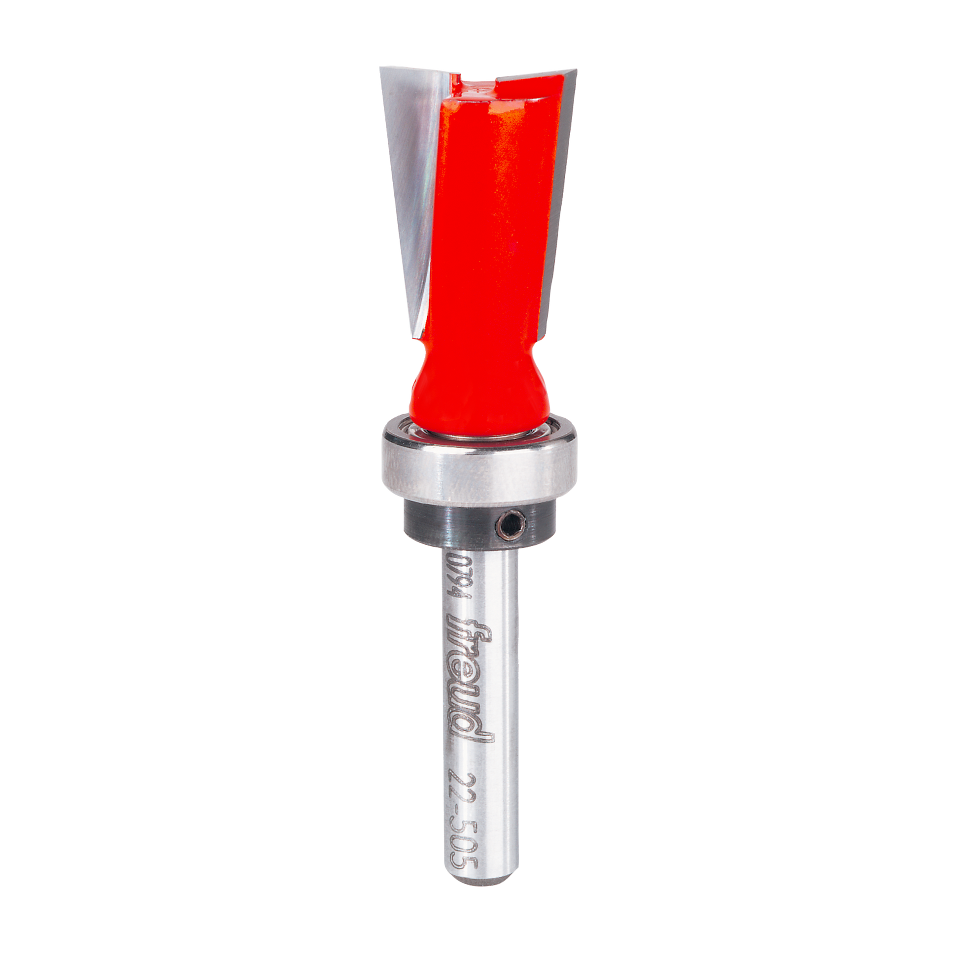 Freud dovetail router bit with red cutting head, metal shank, and black collar on silver shaft.