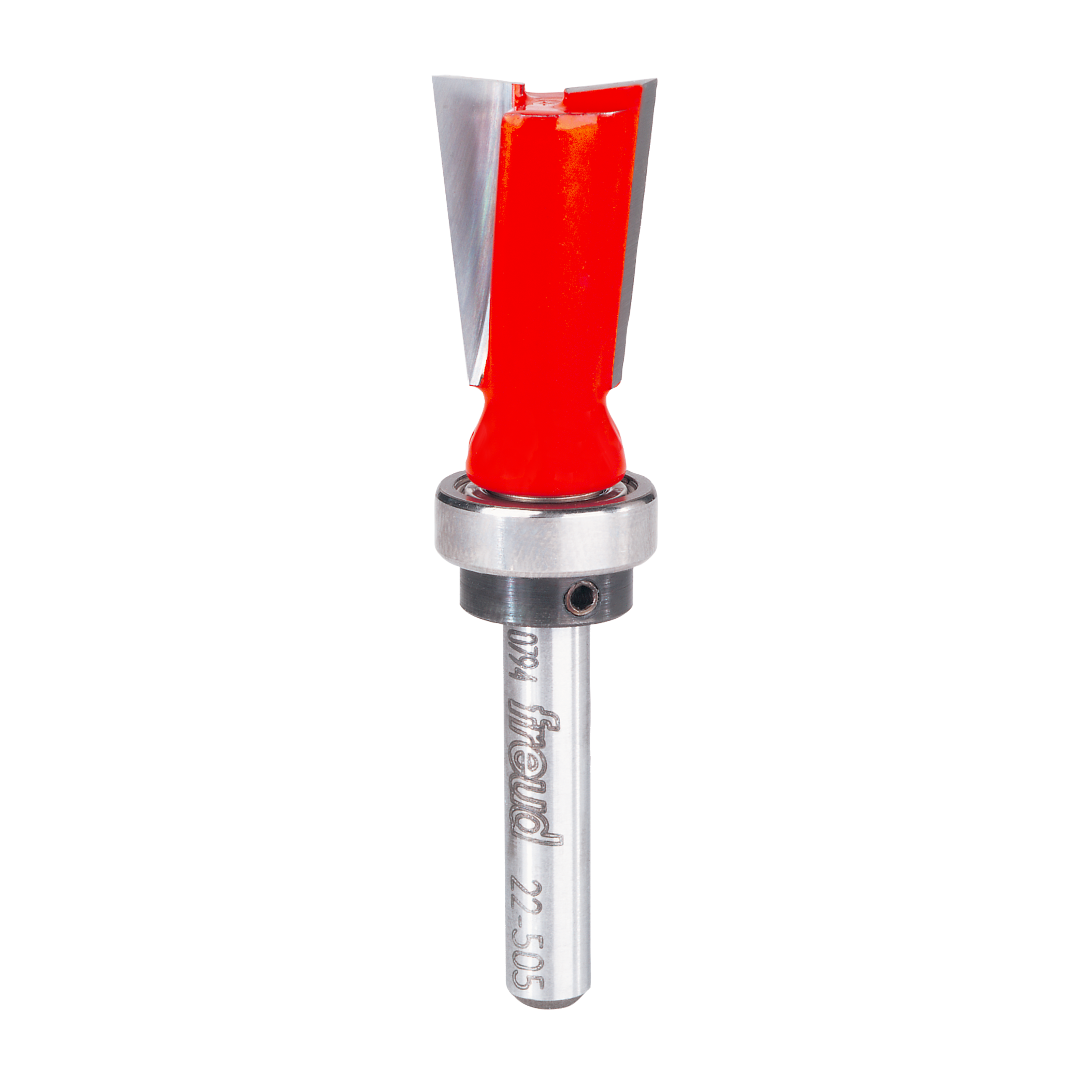 Freud dovetail router bit with red cutting head, metal shank, and black collar on silver shaft.