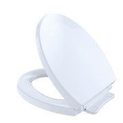 White round toilet seat and lid in closed position with hinges visible on the base.