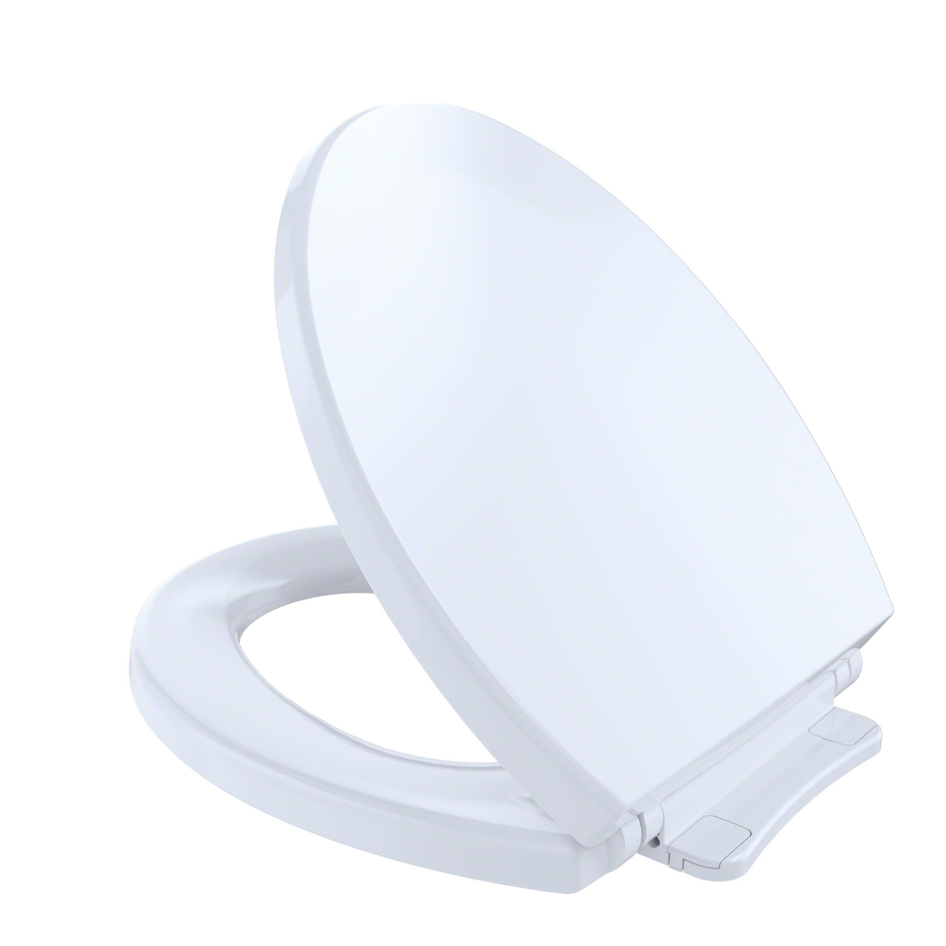 White round toilet seat and lid in closed position with hinges visible on the base.
