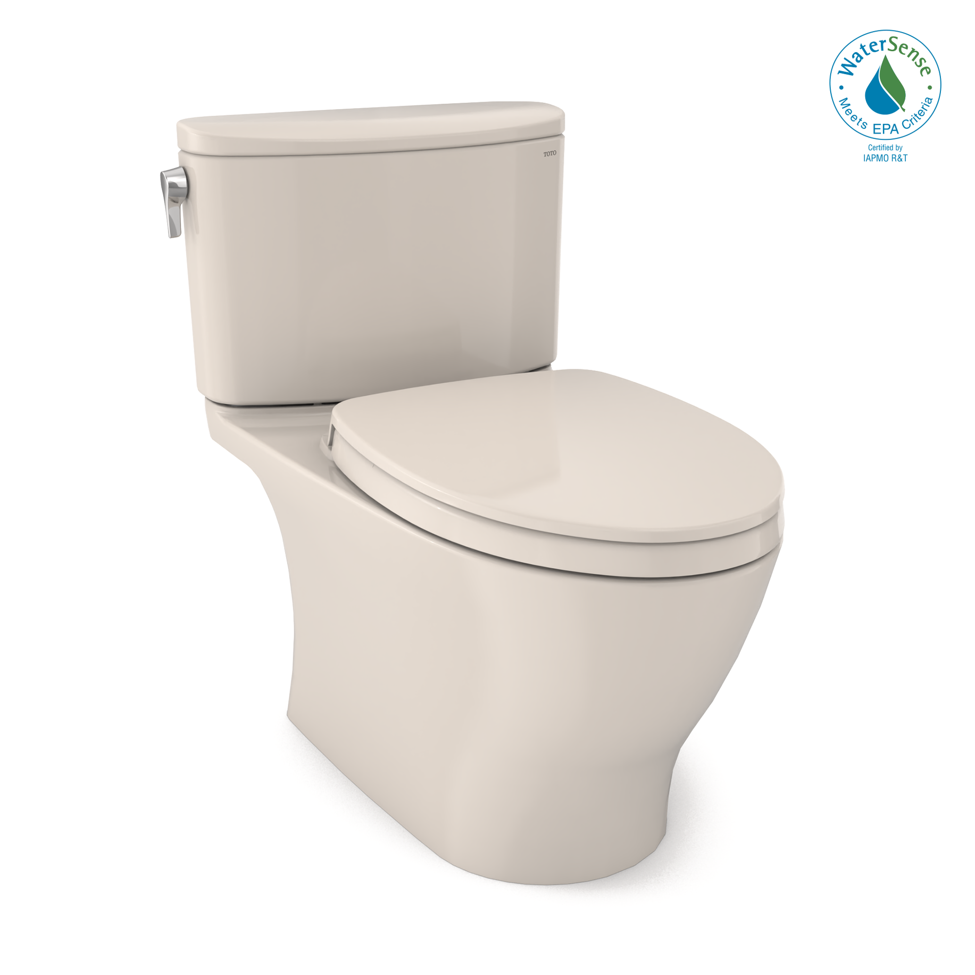 Sedona Beige two-piece elongated toilet with soft-close seat and matching tank featuring side lever handle.