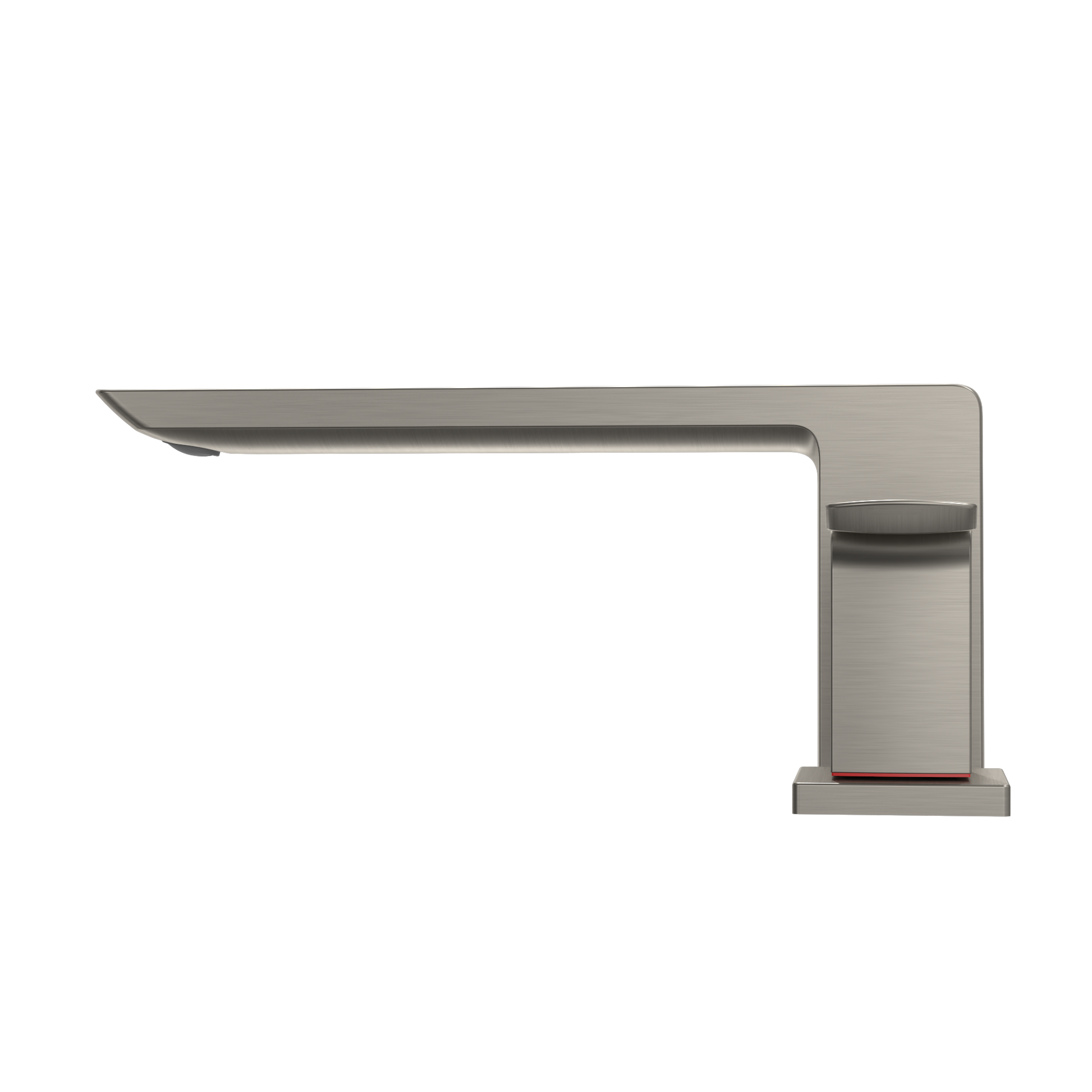 Brushed nickel deck-mount roman tub filler with single integrated handle and angled spout.