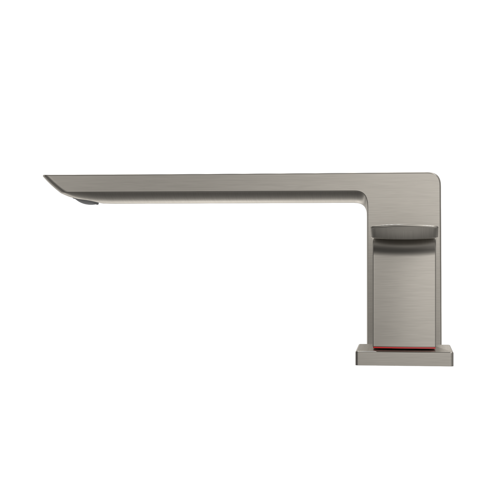 Brushed nickel deck-mount roman tub filler with single integrated handle and angled spout.