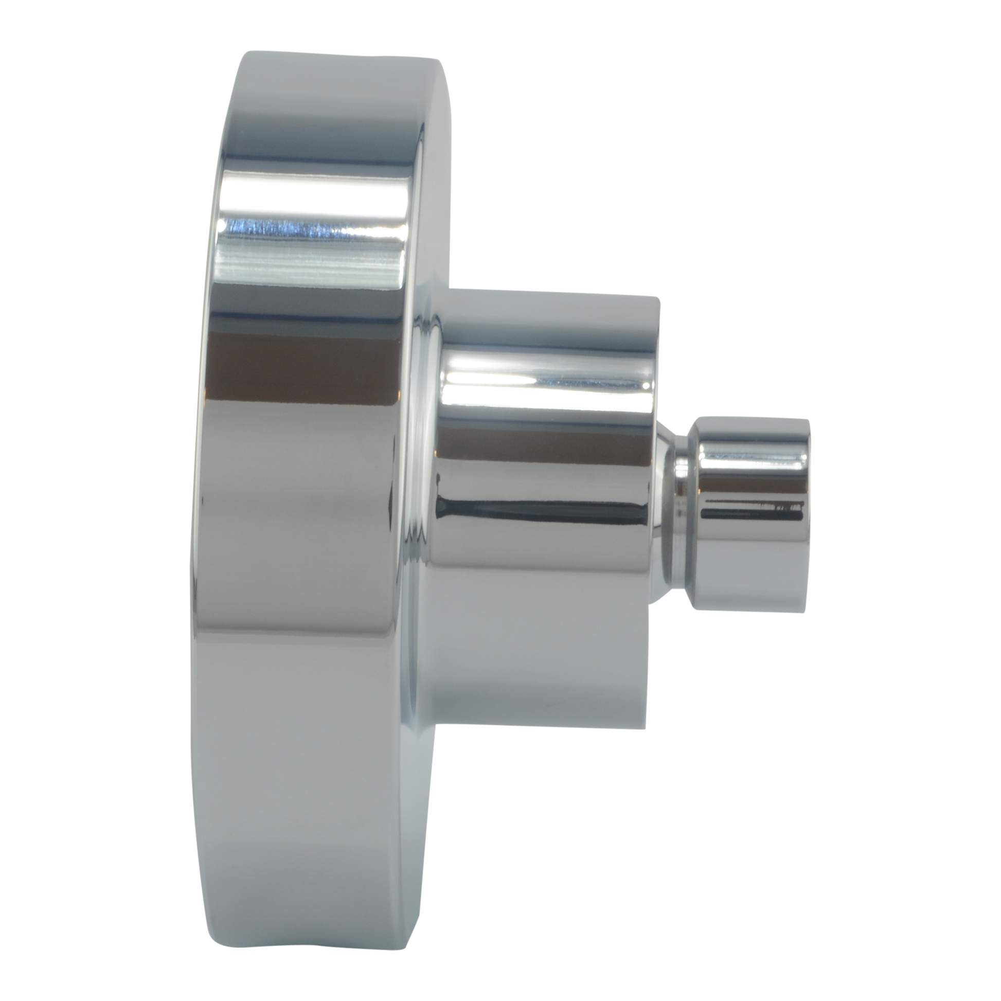 Polished chrome circular shower head with cylindrical spray outlet and mounting bracket.