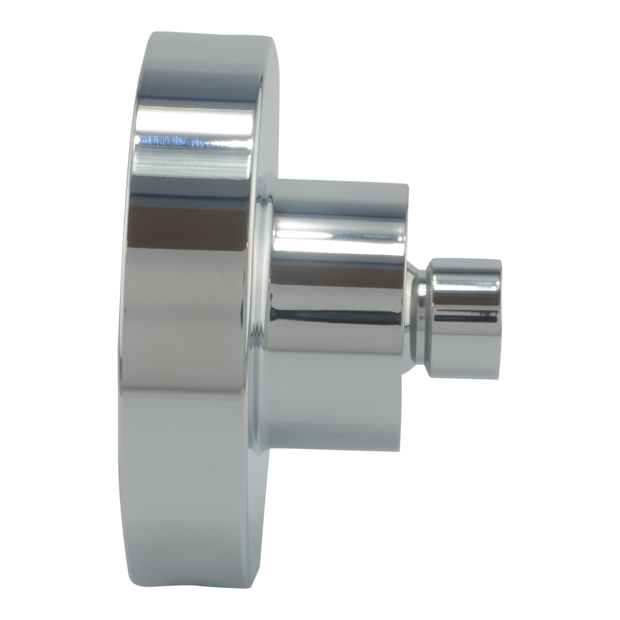 Polished chrome circular shower head with cylindrical spray outlet and mounting bracket.