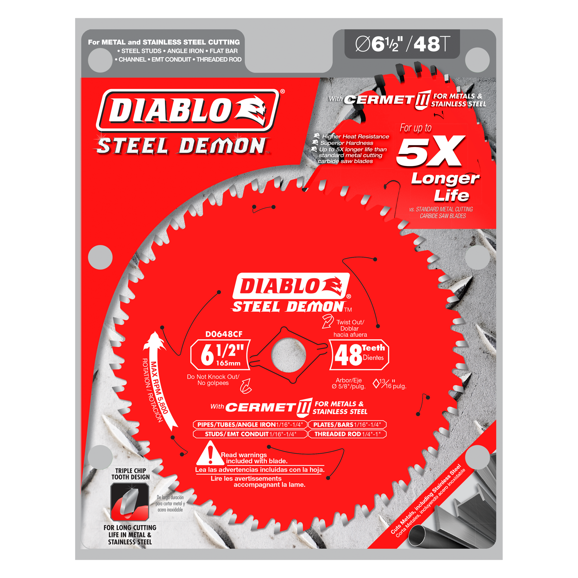 Diablo Steel Demon 6-1/2 inch saw blade with 48 carbide teeth on red and gray packaging.