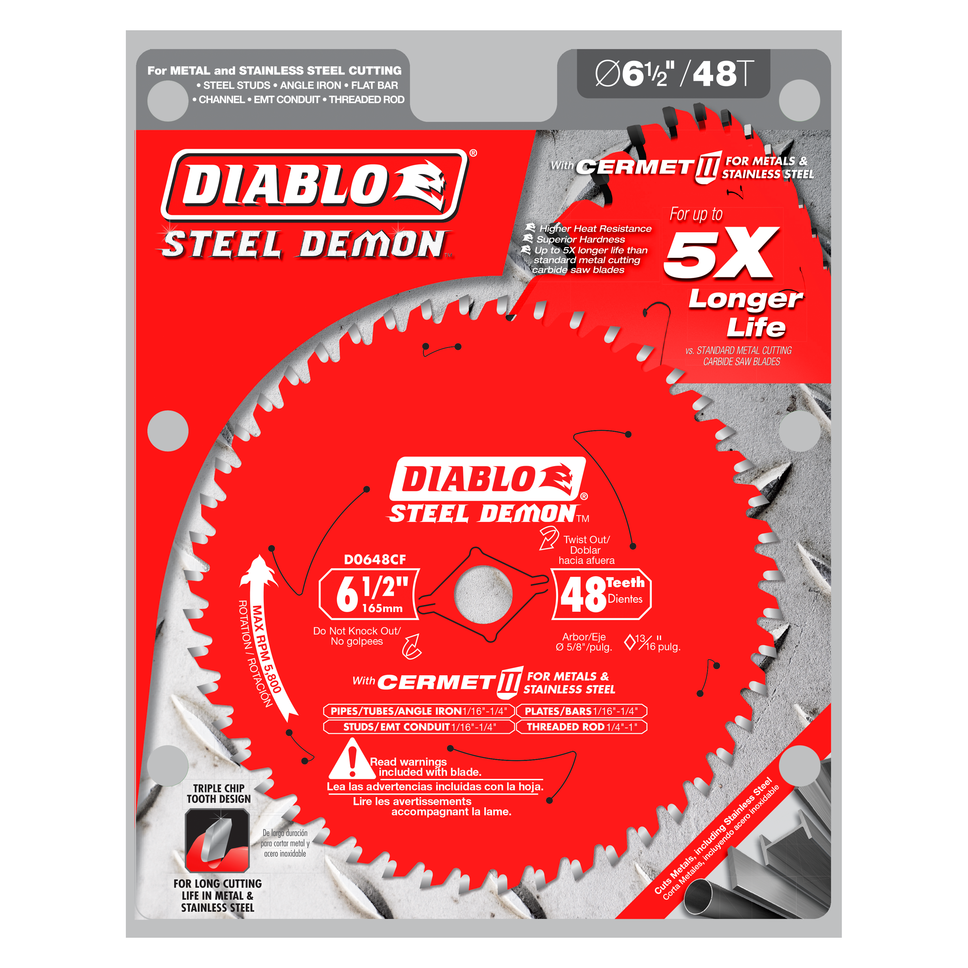 Diablo Steel Demon 6-1/2 inch saw blade with 48 carbide teeth on red and gray packaging.