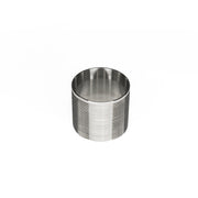 Stainless steel cylindrical nipple with fine threads covering the body and smooth rim at top.