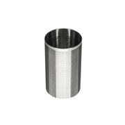 Stainless steel cylindrical drain component with fine horizontal grooved threading pattern.
