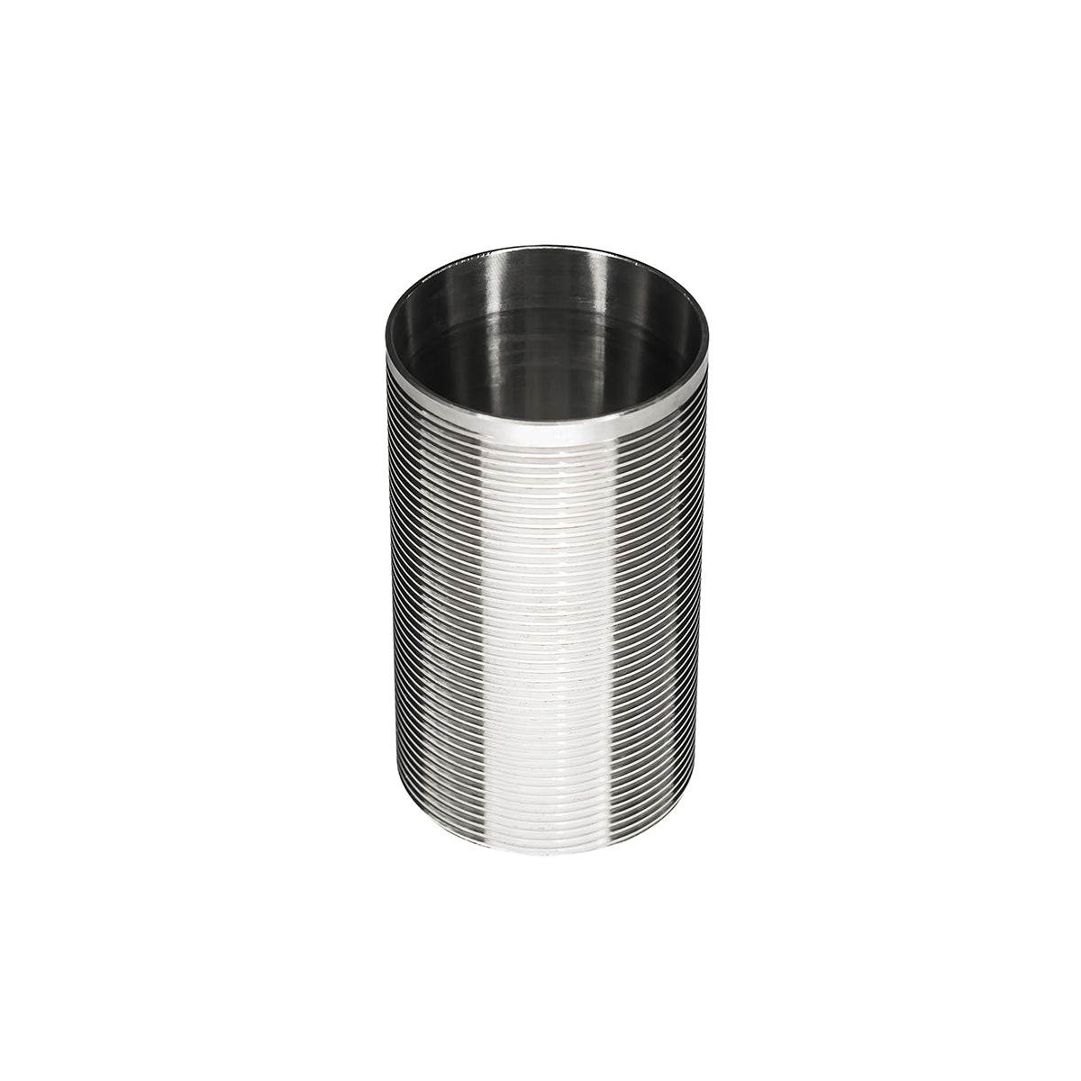 Stainless steel cylindrical drain component with fine horizontal grooved threading pattern.