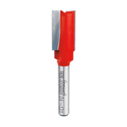 Red and silver straight router bit with two cutting flutes and cylindrical shank.