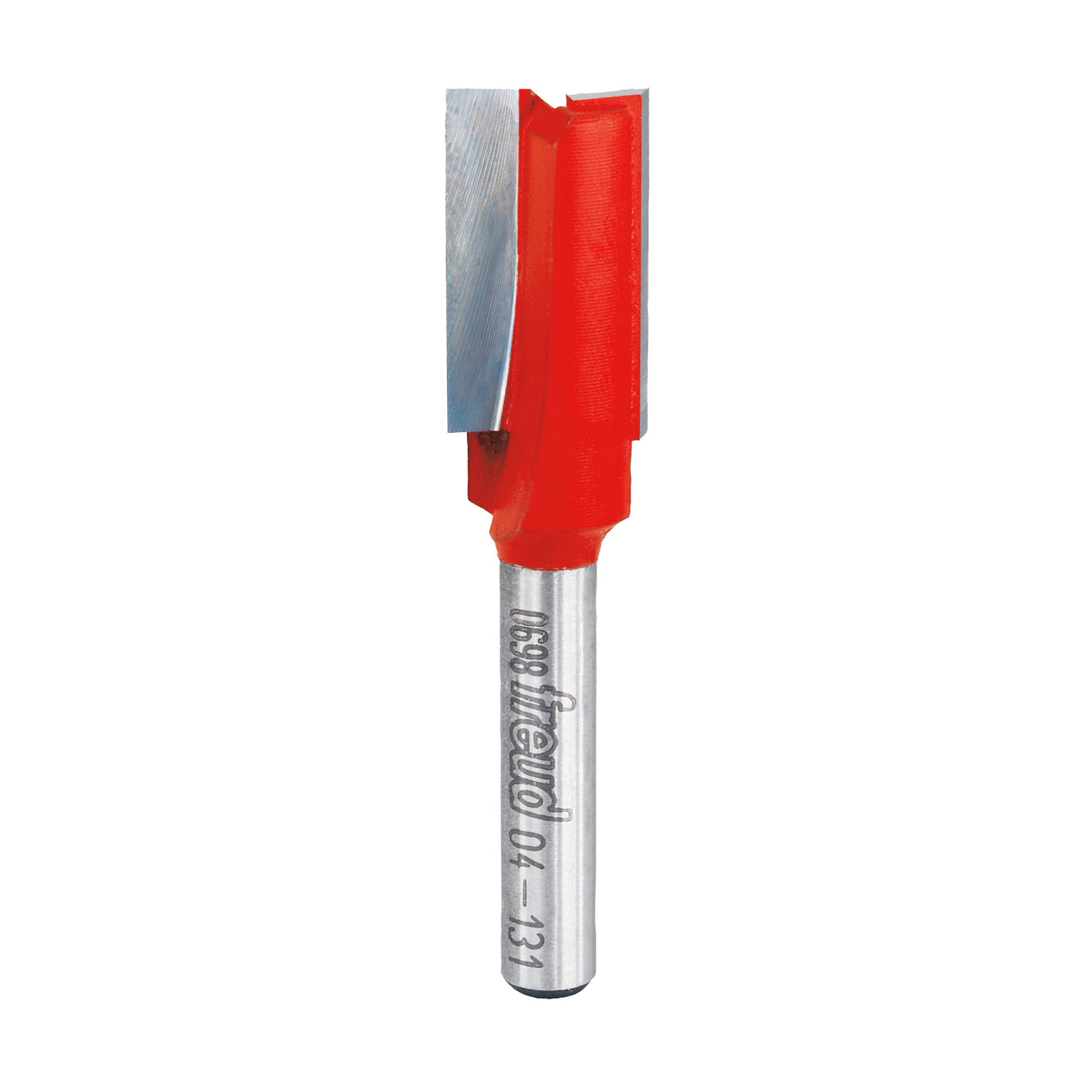 Red and silver straight router bit with two cutting flutes and cylindrical shank.